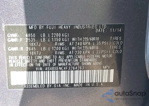 2015 Subaru Outback 3.6R Limited z USA, uszkodzony, nr VIN 4S4BSENC4F3264263